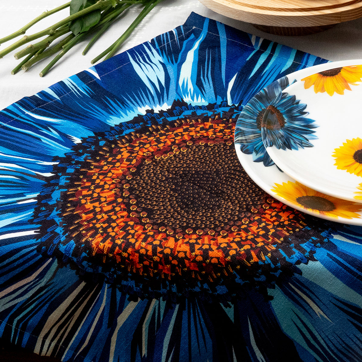 Blue Sunflower Faux Linen Napkin Set of 4