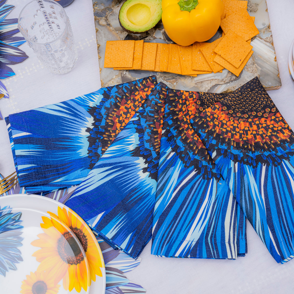 Blue Sunflower Faux Linen Napkin Set of 4