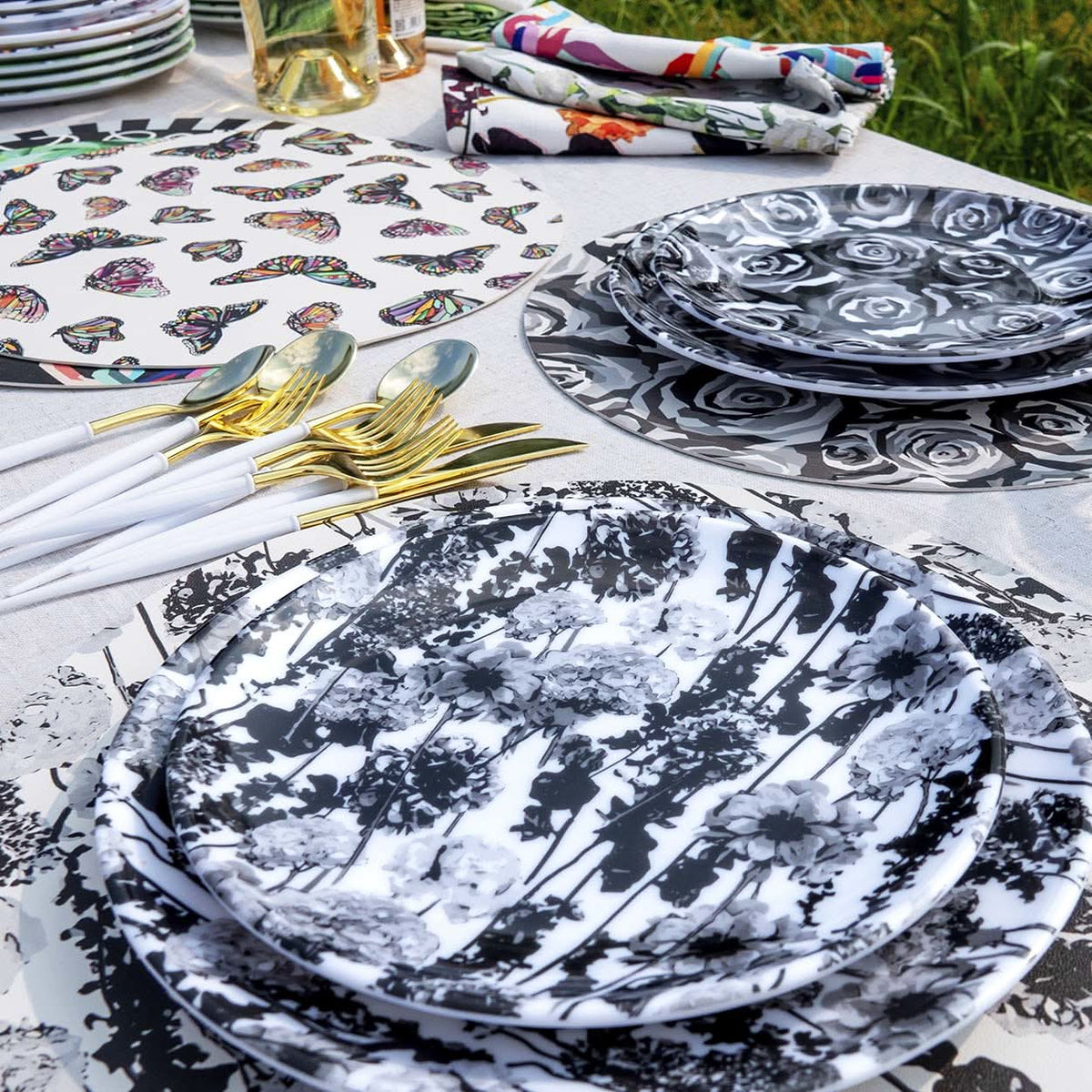 Grayscale Floral Garden Salad Plate Set of 4